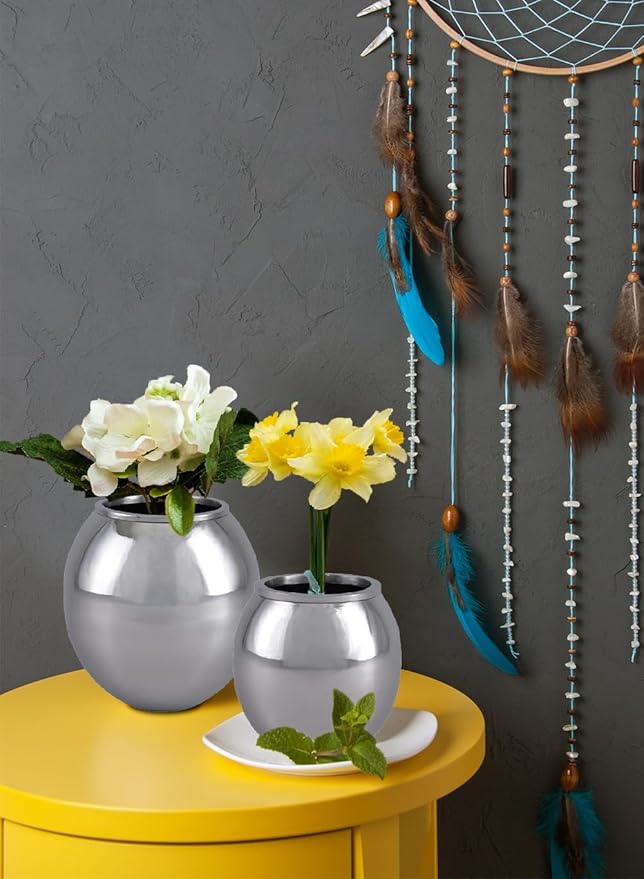 Serene Spaces Living Alerra Stainless Steel Vase, Round Modern Silver Flower Vase, Minimalist Metal Accent for Home, Office, Wedding, or Event Centerpieces, Ideal Gift, 6.5" Diameter & 6.5" Tall