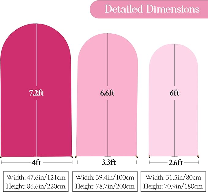 Gradient Pink Arch Backdrop Cover 7.2FT 6.6FT 6FT Arch Covers Stretchy Backdrop Set of 3, Party Arch Cover Spandex Fitted Fabric Hot Pink Wedding Arch Covers for Baby Shower Birthday Party Decoration