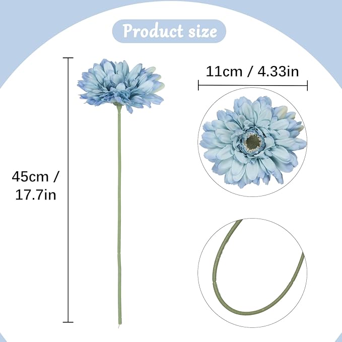 Daisy Flowers Artificial Flowers Blue Silk Flowers Gerber Daisy Artificial 10PCS Fake Daisies 17.7in Faux Daisies for Wedding Bridal Bouquet Party Home Kitchen Decor(Blue)