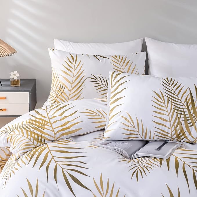Nayoroom Gold Leaf Duvet Cover Queen Size Tropical Botanical Leaves Printed on White Bedding Set Soft Lightweight Microfiber Garden Farmhouse Comforter Covers with Zipper Closure Corner Ties