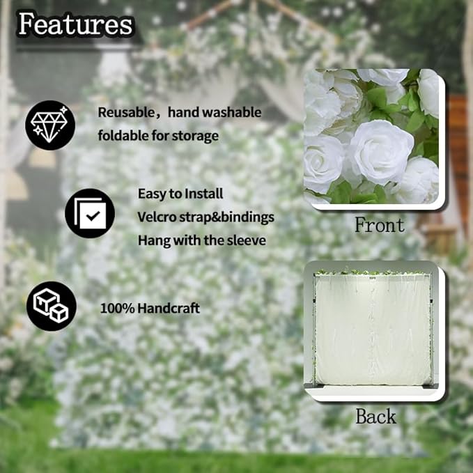 8x8ft(2 pcs of 4ftx8ft) Artificial Silk Fabric Flower Wall Cloth-Based Background 5D White Rose Fabric Rolling Up Floral Backdrop for Wedding Baby Shower Party and Home Decor