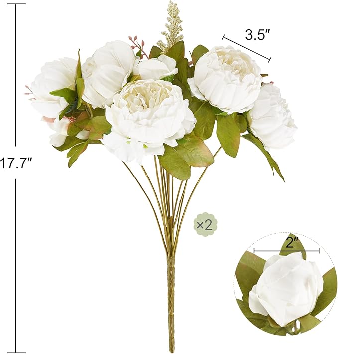 Mkono Peonies Artificial Flowers, 2 Packs 13 Stems Faux Peony Flowers Real Touch Fake Silk Bouquet for Arrangements Dining Table Centerpieces for Kitchen Bridal Wedding Party (2, White)