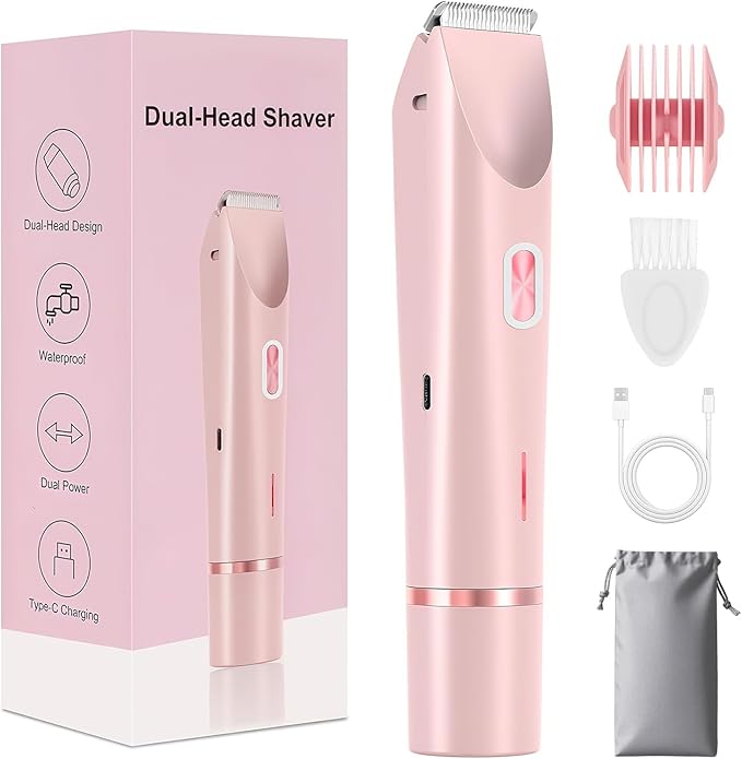 2025 New 2 in 1 Bikini Trimmer for Women, Bikini Shaver with Dual Head, Painless Smooth Shave & Gentle Pubic Hair Removal, Cordless & IPX7 Waterproof Electric Trimmer for Sensitive Skin (Pink)