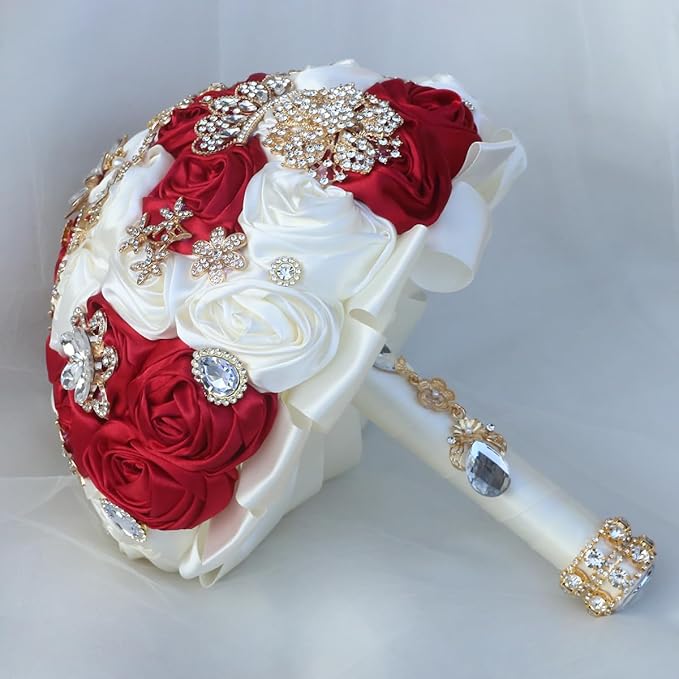 Handmade Satin Rose Floral Bling Pearl Decor Bridal Wedding Bouquet Rhinestone Pendant Artificial Brooch Flowers for Bride Bridesmaid Quinceanera