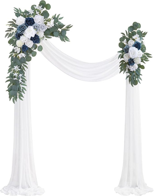 Dusty Blue Artificial Wedding Arch Flowers Kit (Pack of 3) with 26Ft White Shiny Arch Draping Fabric for DIY Wedding Party Ceremony Reception Backdrop Floral Decoration