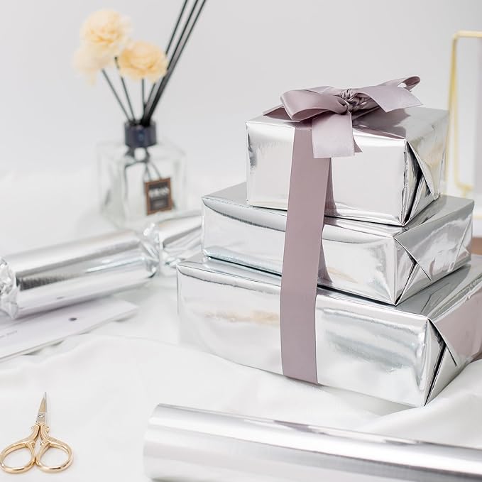 Merture Metallic Silver Wrapping Paper Jumbo Roll - 30 In X 32.8 Ft (81.7 sq.ft.) Solid Color Gift Wrap with Cutting Lines for Christmas, Wedding, Birthday, Valentines Day, Mothers Day, Baby Shower