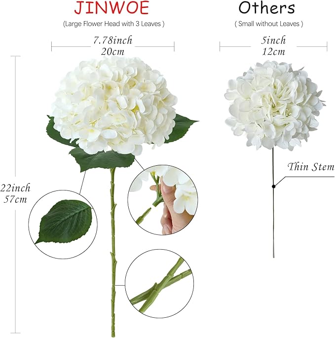 White Hydrangea Artificial Flowers, 4Pcs 22" Large Lifelike Faux Silk Flowers, Full Fake Artificial Hydrangeas with Stems for Bouquet Table Centerpieces Home Outdoor