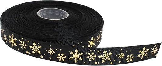 Gold Printing Snowflake Grosgrain Ribbon 25 Yard Each Roll 100% Polyester Woven Edge (5/8", Black)