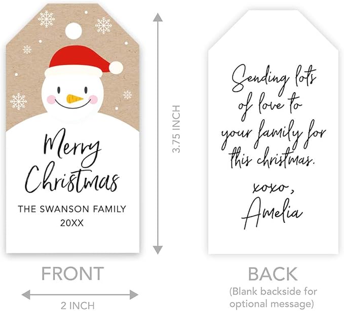 Andaz Press Personalized Christmas Holiday Season Classic Gift Tags, Merry Christmas Custom Family Name and Year, Happy Snowman with Santa Hat Design, for Holiday Events, Parties, and Favors, 60-Pack
