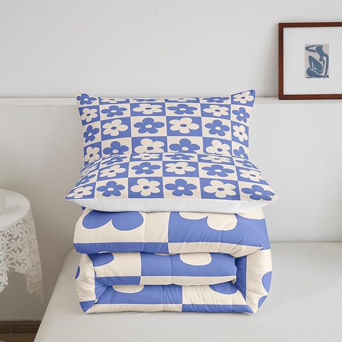 Castle Fairy Kids Cute Flowers Plaid Comforter Set Full Size,Blue and Cream Floral Checked Bedding Comforters for Girls Teens,Fashion Geometric Style Down Comforter with 2 Pillowcases,Chic