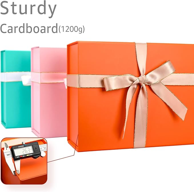 LIFELUM Christmas Gift Boxes 13.85 x 8.35 x 4.45 inch 5 Pack Gift Boxes with Lids Contains Card, Ribbon, Shredded Paper Filler (Orange)