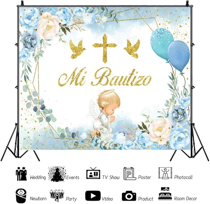 ChloropLastid Mi Bautizo Photography Backdrop 10x8ft Boho First Holy Communion Christening Background for Boy Blue Floral Bless Newborn Baby Shower Photo Booth Props