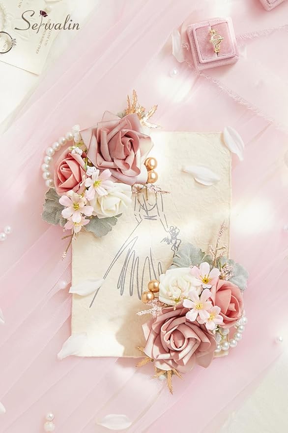 Serwalin Set of 2 Wrist Corsage for Wedding, 6-7 Inc𝗵 Corsages for Bridesmaid Mother Grandmother, Artificial Flowers for Prom Ceremony Anniversary Cake Topper(Pink)