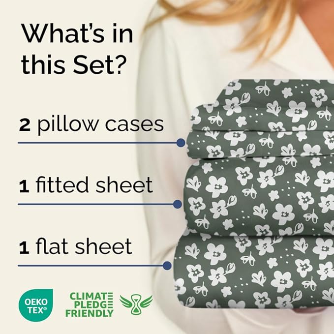 Floral Sheets - Green Floral Bed Sheet Set - 1 Flat, 1 Fitted & 2 Pillowcases w/ Deep Pockets - Comfy, Wrinkle & Fade Free - Boho Botanical Bedding - Ultra-Soft, Breathable & Cooling - Queen Size Set