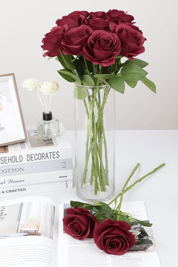 50pcs Roses Artificial Flowers Fake Flowers with Long Stems Burgundy Silk Flowers for Wedding Bouquet Centerpices Decorations Party Bridal Baby Shower Home Decor