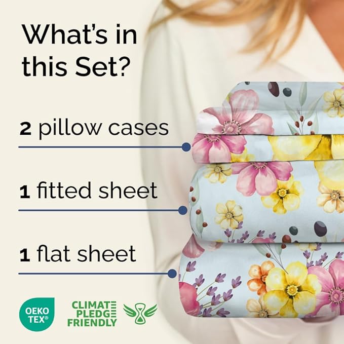 Floral Sheets - Watercolor Floral Bed Sheet Set - 1 Flat, 1 Fitted & 2 Pillowcases w/ Deep Pockets - Wrinkle & Fade Free - Boho Botanical Bedding - Ultra-Soft, Breathable and Cooling - Full Size