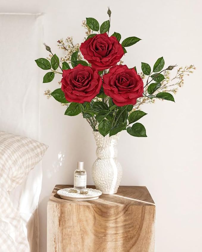Hollyone 3Pcs Red Roses Artificial Flowers Bouquets 26.3" Fake Flower Arrangements Silk Flowers Rose with Long Stem Floral Branch Faux Roses Flowers DIY Wedding Party Table Centerpieces Home Decor