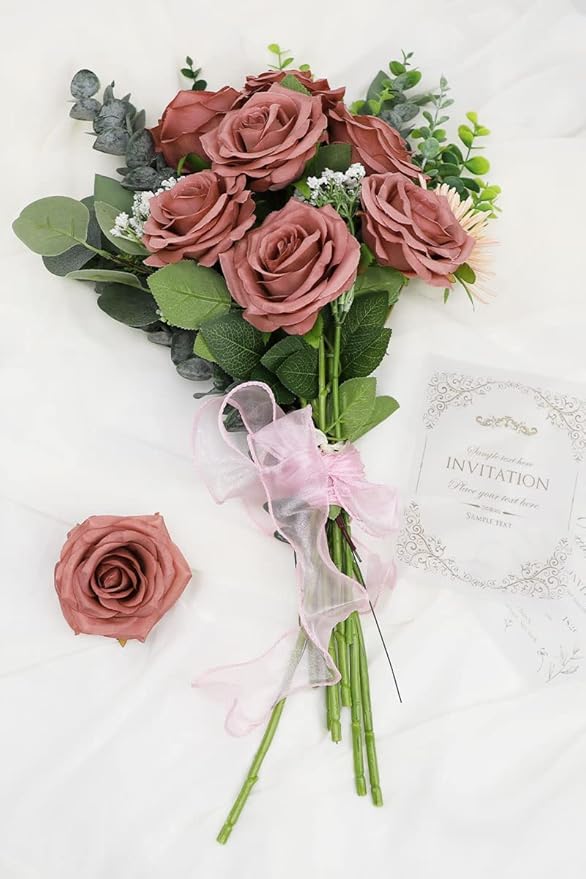 Artificial Rose Flower Dusty Rose Flowers Silk Flowers 50 pcs with Long Stem Silk Roses Bouquet for Wedding Bridal Shower Party Home Decoration