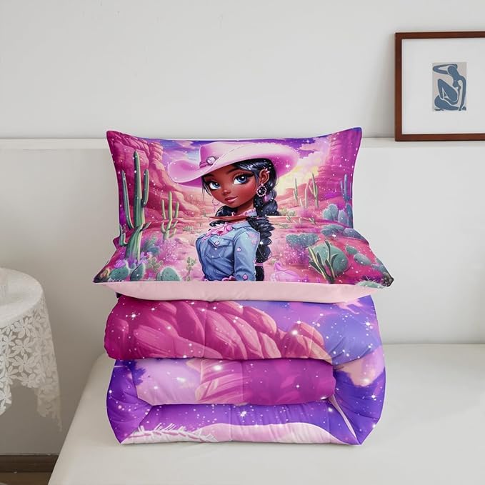 Western Cowgirl Comforter Set Queen Size,Reversible African Style Cute Girl Print Black Bedding Set for Women Adult,Dreamy Stars Purple Galaxy Sparkling Luxury Bed Duvet Insert, 2 Pillowcases