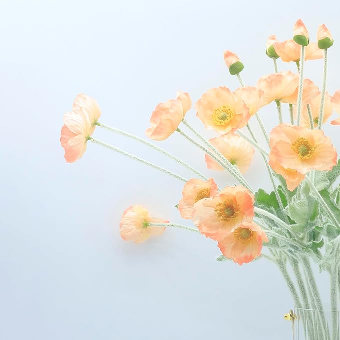 2 Pcs Artificial Fake Flowers Plants Poppies Silk Flower Arrangements Wedding Bouquets Decorations Plastic Floral Table Centerpieces for Home Kitchen Garden Party Decor Approx 23.6" High - Light Coral