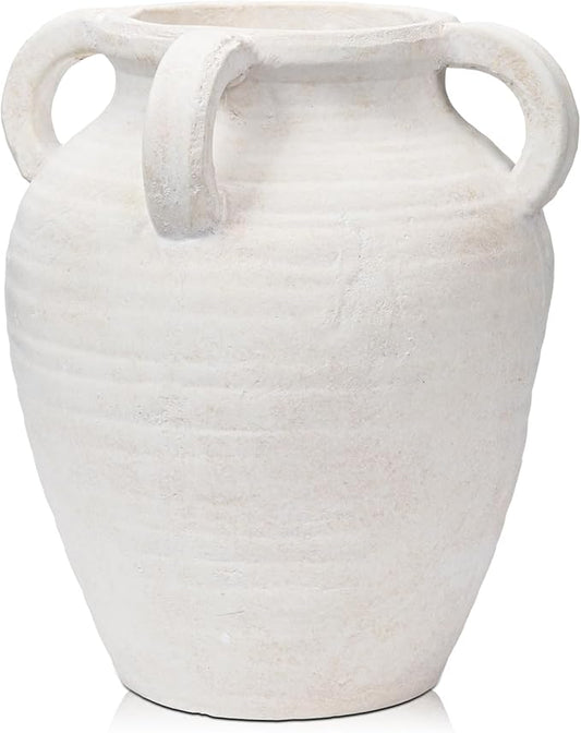 Handcrafted Flower Vase, 9.8" Tall Terracotta Vase, Vintage White Ceramic Vase, Rustic Antique Decor with 4 Handles, Wide Mouth, Matte Finish for Home Office Resto Café Décor