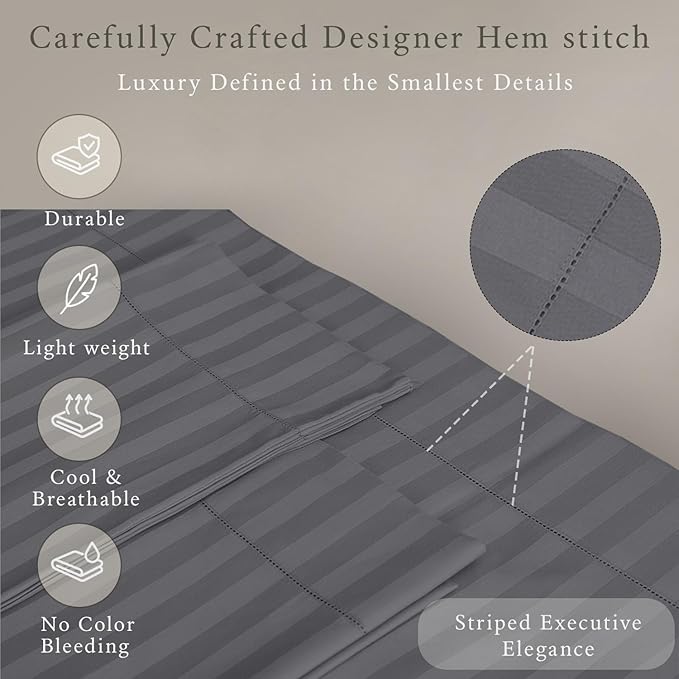Threadmill 500 Thread Count King Size Damask Stripe, 4 Pc Luxury Cotton Sheet Set, Silky Soft & Breathable Dark Grey Sheets with 16" Elasticized Deep Pocket, 2 Pillowcases & Free Tote Bag