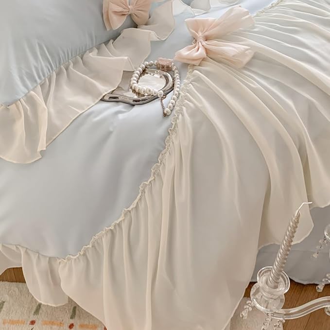 Girls Lace Bedding,Full Comforter Cover Set, Chic Ruffled Duvet Cover with Lovely Bow,Princess Style 1 Duvet Cover with 2 Pillowcases, No Comforter-Blue,Full Size