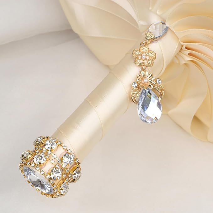 Handmade Satin Rose Floral Bling Pearl Decor Bridal Wedding Bouquet Rhinestone Pendant Artificial Brooch Flowers for Bride Bridesmaid Quinceanera