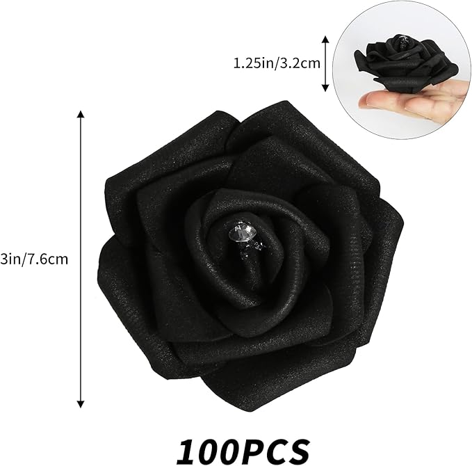 IPOPU 100pcs Black Rose Artificial Flower Heads Bulk with Crystal 3in Real Looking Foam Fake Roses Faux Flowers for DIY Craft Wedding Bouquets Arrangements Party Table Home Decorations(Black)