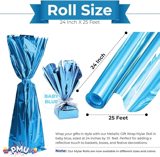 PMU (2 Gift Wrap Mylar Roll Metallic Baby Blue 2-sided, 24 Inches X 25 Ft Roll 1.4 Mil Highly Reflective Mylar Film, Great for Gifts, Birthdays, Christmas, Baskets, Arts & Crafts