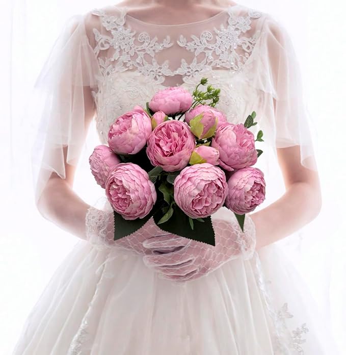 Artificial Peony Flowers, 4Pcs Silk Peonies Fake Peony Bouquets for Home Wedding Office Party Decor (Pink)