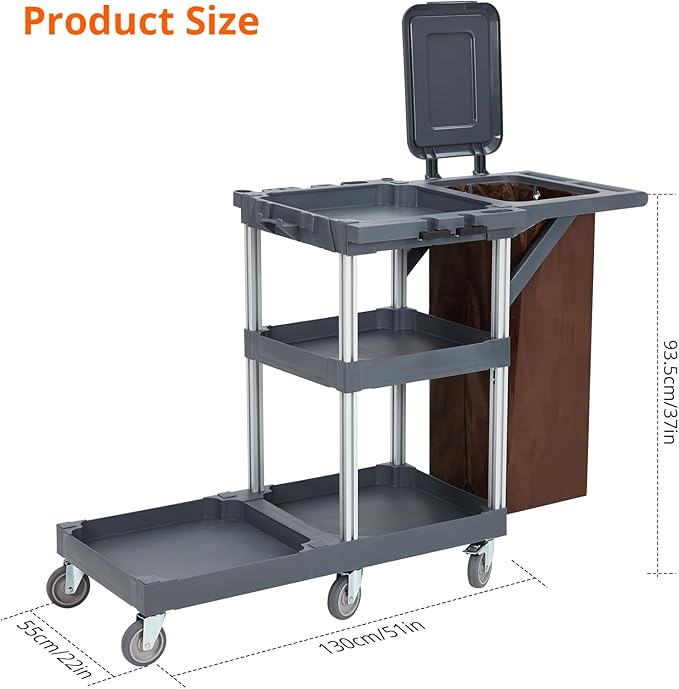 Heavy Duty Janitorial Cleaning Cart on Wheels – 3 Shelves, 220 Lbs Capacity, Cover & Large Vinyl Bag – Utility Housekeeping Caddy for Hotels, Schools, Apartments and More