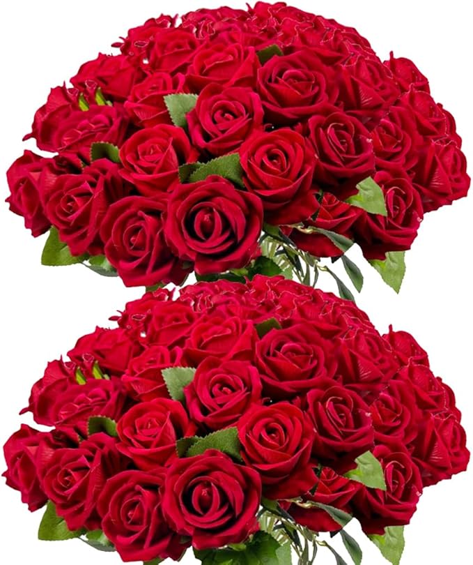 Artificial Roses 50PCS Large Velvet Silk Rose 4.14" Realistic Fake Flowers in Bulk for Flower Arrangement Wedding Centerpieces Home Party Decor (Red)