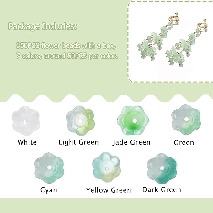 LadayPoa 350pcs Glass Bellflower Beads for Jewelry Making Trumpet Flower Beads Gradient Clear Cute Bead for Bracelets Making Aesthetic Bead Charms for DIY Necklace Decoration-Green Series