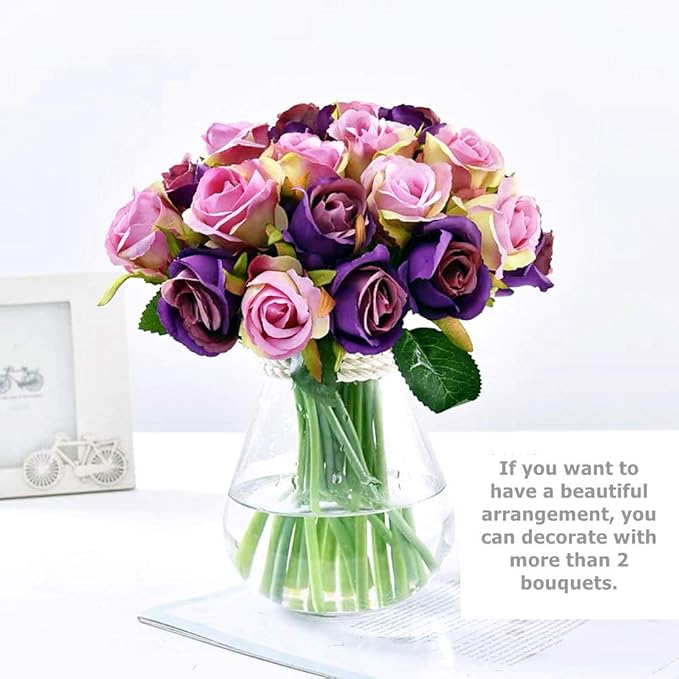 Jasion Artificial Roses Flowers 12 Heads Arrangement Silk Bouquet for Home Office Parties Bridal and Wedding Decoration Without Vase (Purple)