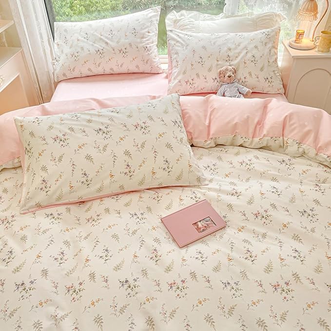 Nayoroom Pink Floral Duvet Cover Queen Size Green Botanical Leaf Printed on White Reversible Coquette Bedding Set 3 Pcs Soft Microfiber Spring Cottagecore Comforter Cover with Zipper Closure
