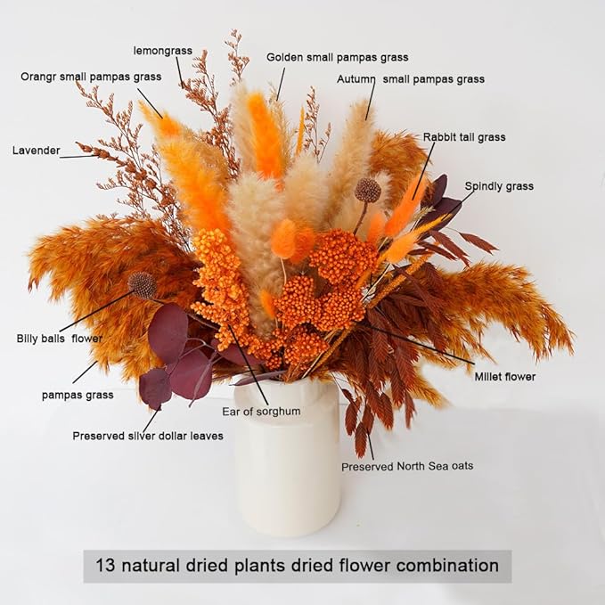 Natural Dried Pampas Grass Bouquet,17" Natural Dried Flower Bouquet, Orange Ear of Sorghum and Autumn Pampas Grass Combination ,Bohemian Style Family Wedding Country Farmhouse Decoration