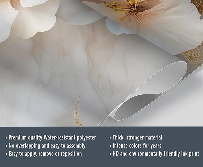 White Flowers Marble Wall Mural, Luxury Floral 3D Wall Murals, Elegant Gold Leaf Design Wallpaper Mural, for Living Room Bedroom Large Wallpaper Indoor Decor 177.16" W x120 H
