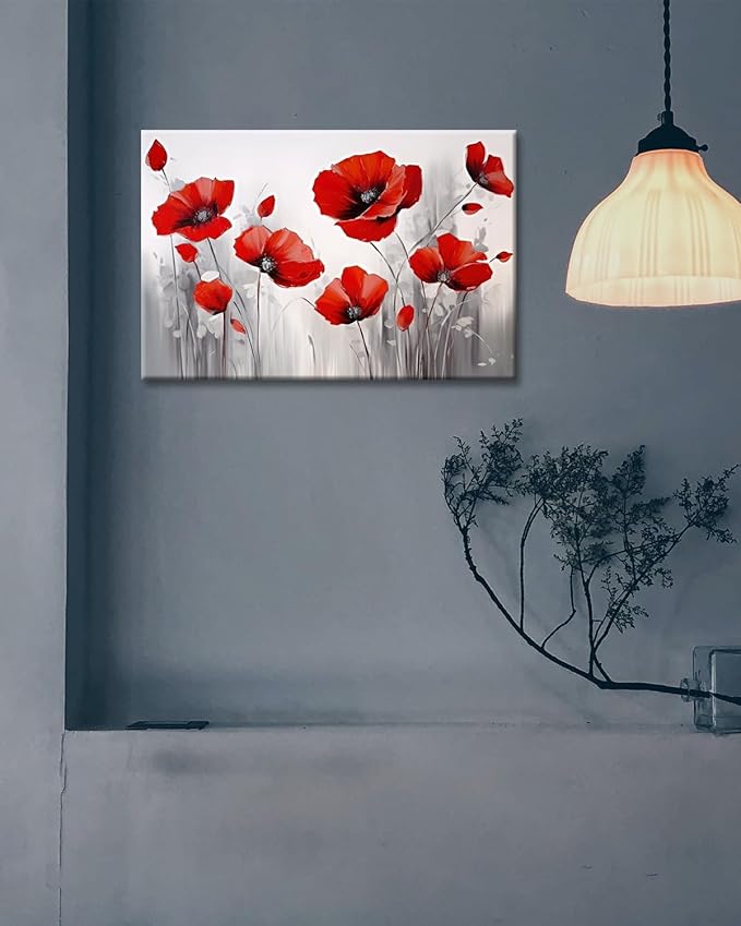 GLOKAK Red Poppies Wall Art - Modern Floral Red Poppy Flower on Grey Background Painting Poster Canvas Print Artwork For Home Bathroom Bedroom Decoration (24"x16")