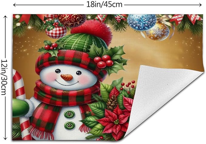 PVC Placemats Set of 6 Wipeable Table Mats Washable Heat Resistant Non Slip Vinyl Dining Table Mat for Kitchen Indoor Outdoor Patio Farmhouse Place Mats Christmas Ball Poinsettia Snowman Decorative