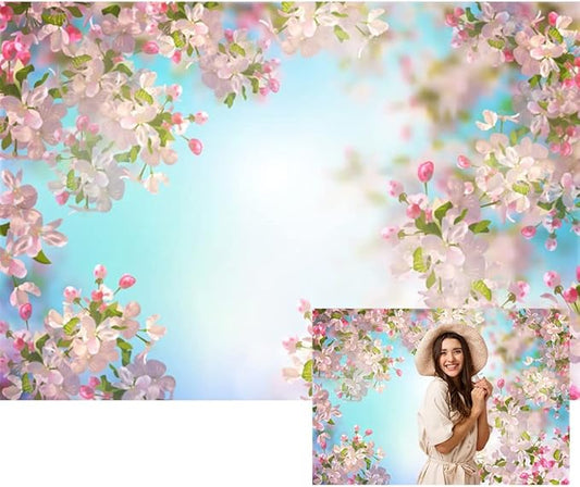 Renaiss 10x8ft Pink Floral Backdrop Romantic Cherry Blossom Blue Sky Sunshine Nature Scenery Polyester Photography Background for Wedding Kids Baby Birthday Party Decor Photo Props