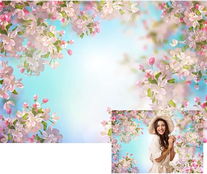 Renaiss 7x5ft Pink Floral Backdrop Romantic Cherry Blossom Blue Sky Sunshine Nature Scenery Polyester Photography Background for Wedding Kids Baby Birthday Party Decor Photo Props