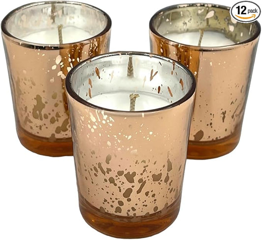 Mister Candle Unscented Rose Glass Votive Candles, Hand Poured 2" Mercury Glass Candle Jars for Home Décor, Wedding Centerpieces, Events, and More, Set of 12
