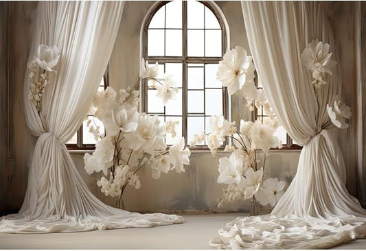 10x7ft Wedding Party Decorations Banner Backdrop Wedding Reception Photography Backdrop White Floral Flowers Curtains French Frame Photo Backgrounds Baby Shower Photo Shoot Portraits Props