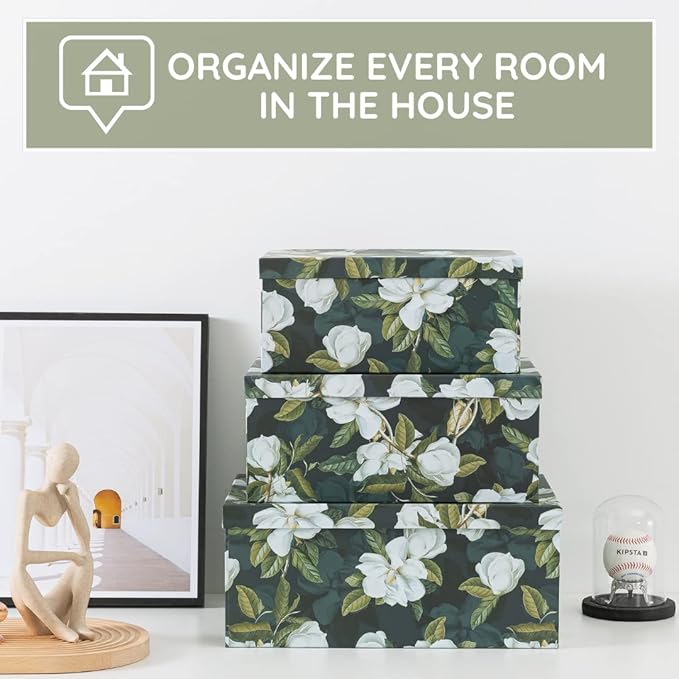 Soul & Lane Decorative Storage Cardboard Boxes with Lids | Midnight Gardenia - Set of 3 | Black Dramatic Paperboard Nesting Boxes