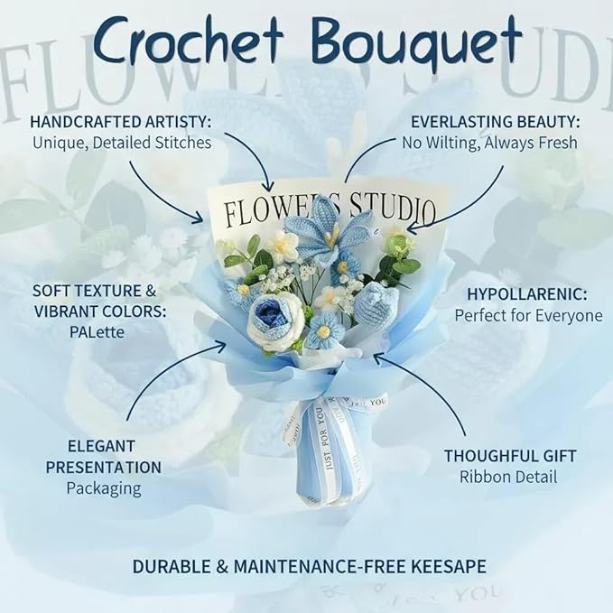 Crochet Flower Bouquet - Handmade Knitted Roses, Tulips & Cosmos with Eucalyptus - Hypoallergenic Everlasting Gift for Women, Mother's Day, Wedding