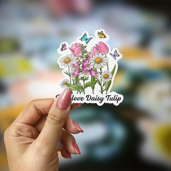HANDICHI Design 5-Pack 5 Inch Foxglove Daisy Tulip Stickers – Floral Vinyl Decals, FDT Bumper Stickers, Waterproof Aesthetic Flower Sticker Pack for Laptops, Water Bottles, Journals
