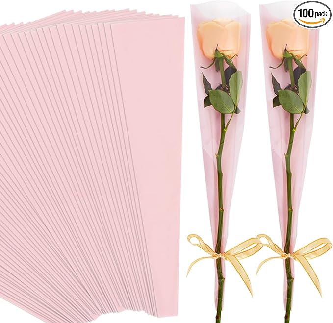 BEISHIDA 100 PCS Single Rose Sleeve Bouquet Bags Plastic Single Flower Wrapping Rose Packaging For Mother's Day Graduation Wedding Birthday Valentine's Day Party (Pink with Matte Back)