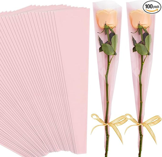 BEISHIDA 100 PCS Single Rose Sleeve Bouquet Bags Plastic Single Flower Wrapping Rose Packaging For Mother's Day Graduation Wedding Birthday Valentine's Day Party (Pink with Matte Back)
