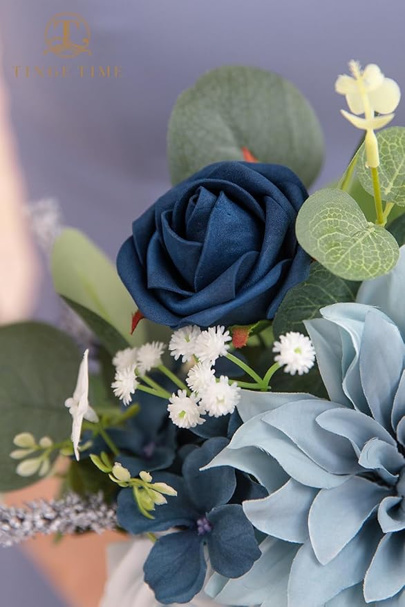 TINGE TIME 7inch Wedding Bouquets for Bridesmaid, Artificial Flowers Cascading Bridal Bouquet for Wedding (DarkBlue, Set of 4)